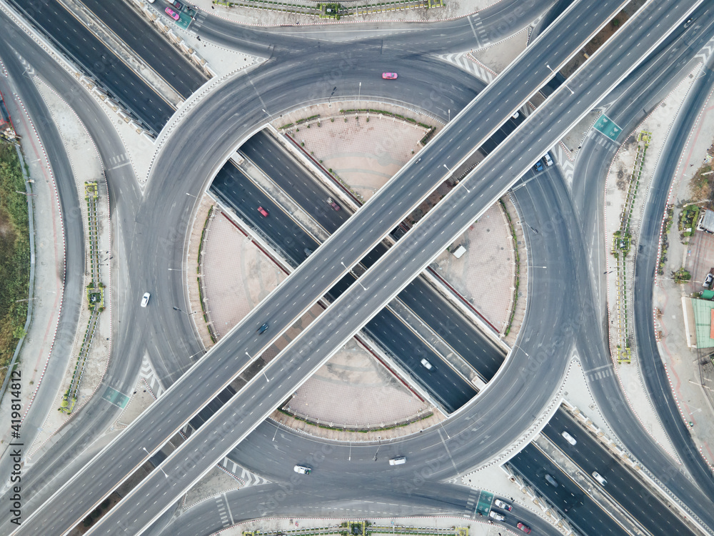 Aerial view of a multi-level motorway interchange