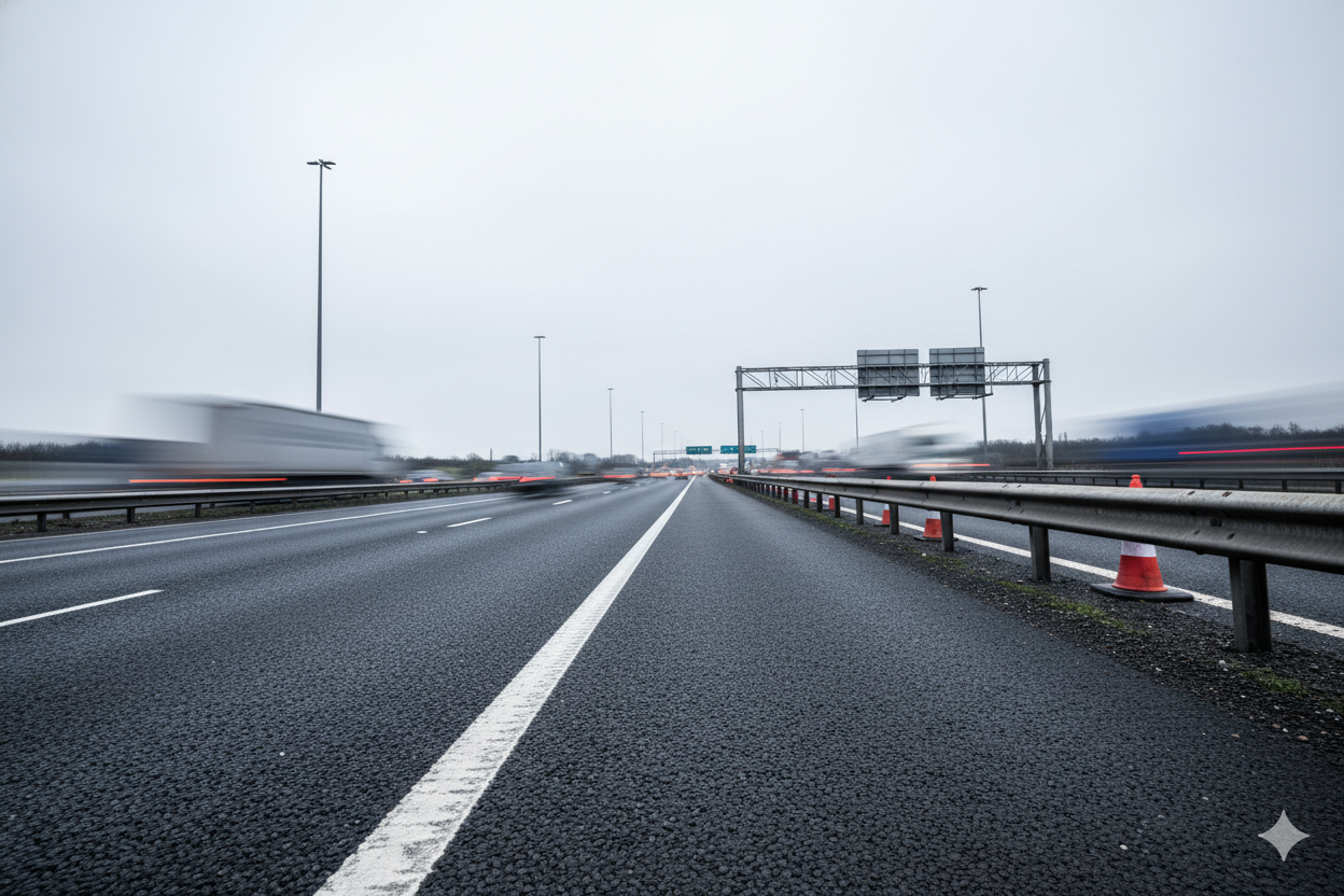 Motion-blurred traffic on a multi-lane motorway with guardrails and traffic cones